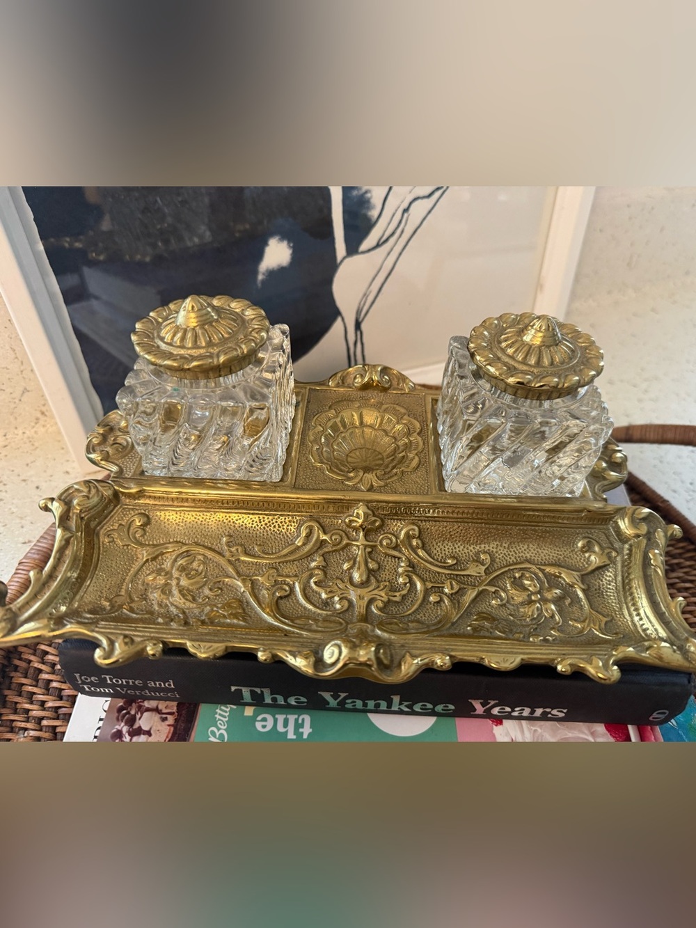 Ornate Brass and Crystal Double Inkwell Desk Tray - Gold